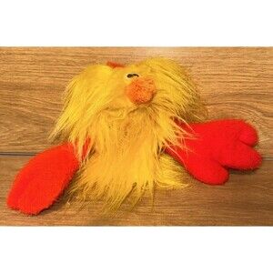 Fuzzy Yellow Monster Hand Puppet Orange Nose Big Red Hands Retro Shaggy